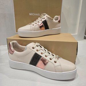 Michael Kors Poppy Metalic and Signature Logo Stripe Sneaker NEW 8.5 Womens Gold